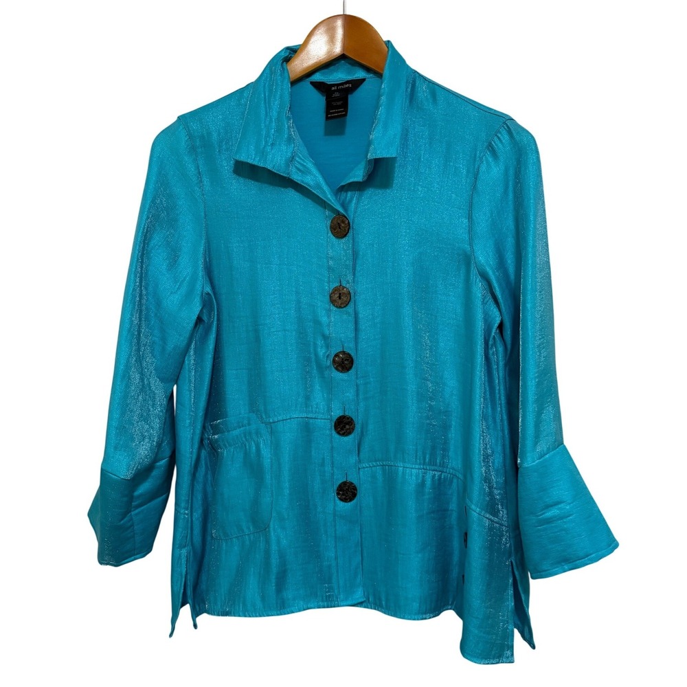 Ali Miles Women Jacket Petite S Turquoise Shimmer Button Up Collared Art to Wear